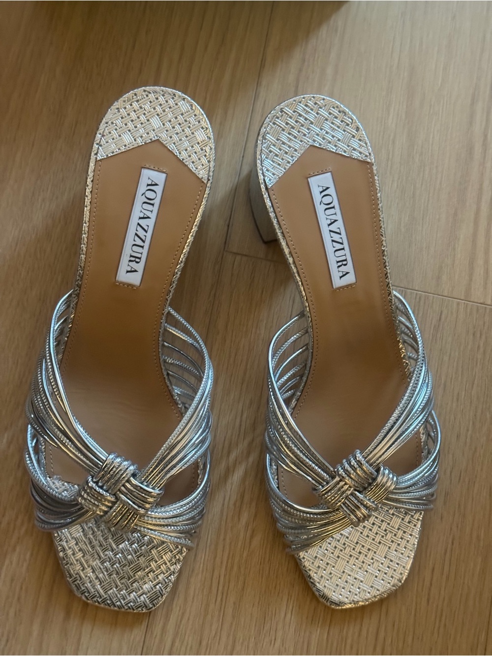 Aquazzura Silver Knotted Strappy Block Heel Sandals